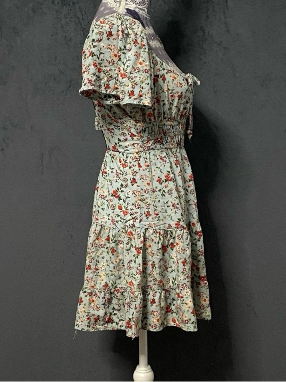 Angie Mini Dress Womens M Blue Floral Flutter Sleeve Smocked Cottagecore Spring - Picture 3 of 8